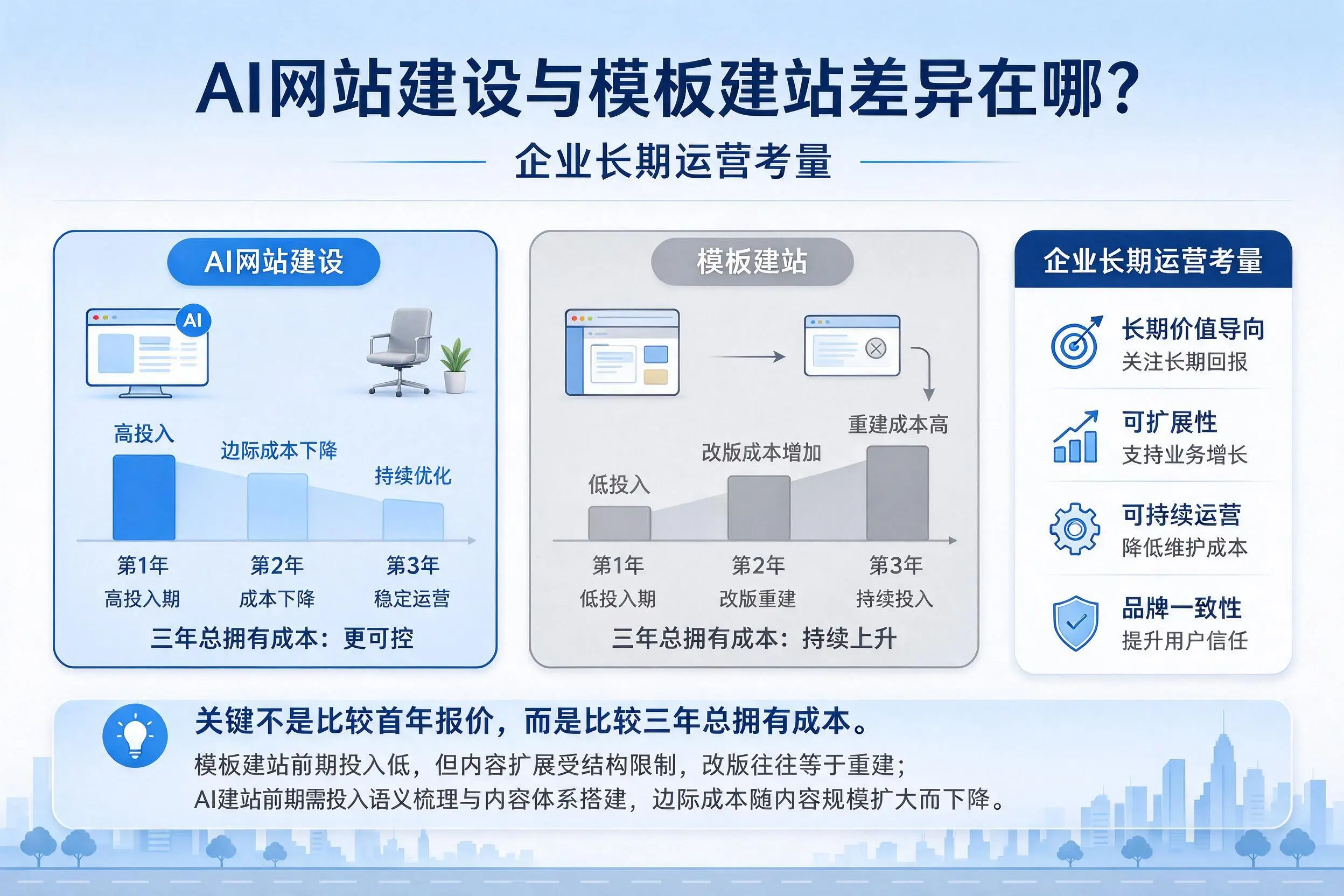 AI网站建设与模板建站差异在哪?泉州企业长期运营考量