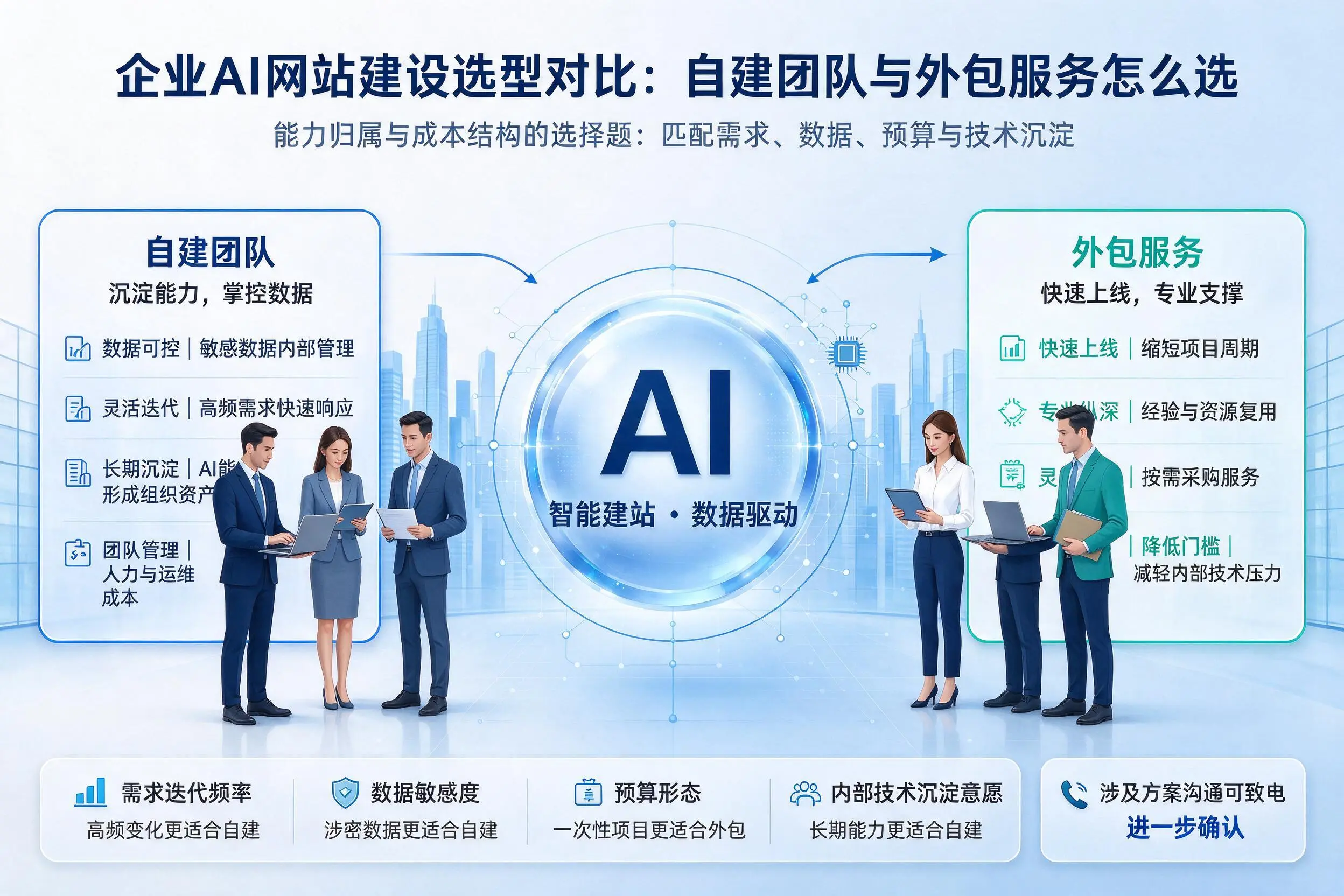 泉州企业AI网站建设选型对比:自建团队与外包服务怎么选